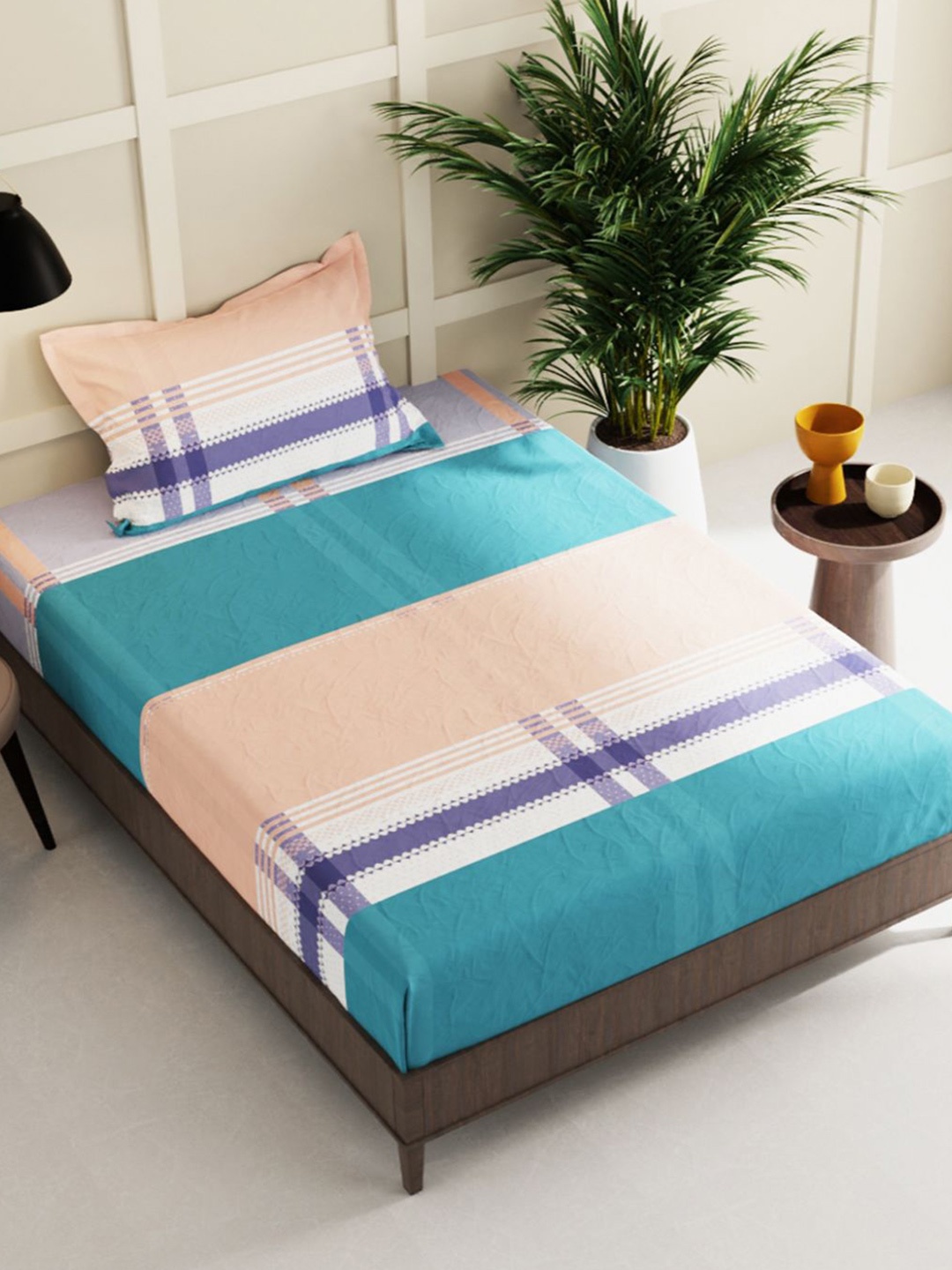 

BIANCA White & Blue Striped 150 TC Single Bedsheet with 1 Pillow Covers