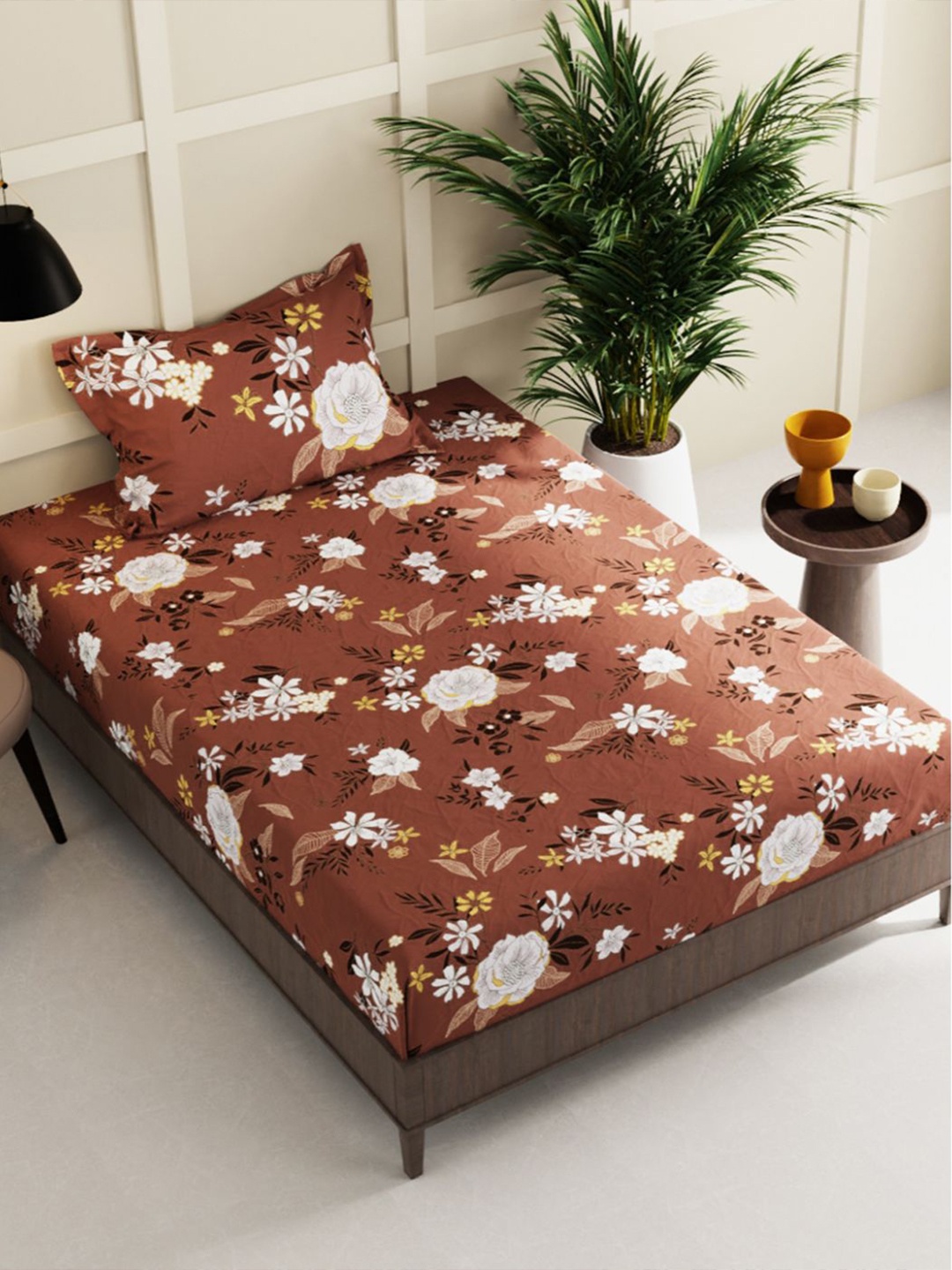 

BIANCA Brown & White Floral Printed 150 TC Single Bedsheet with 1 Pillow Cover
