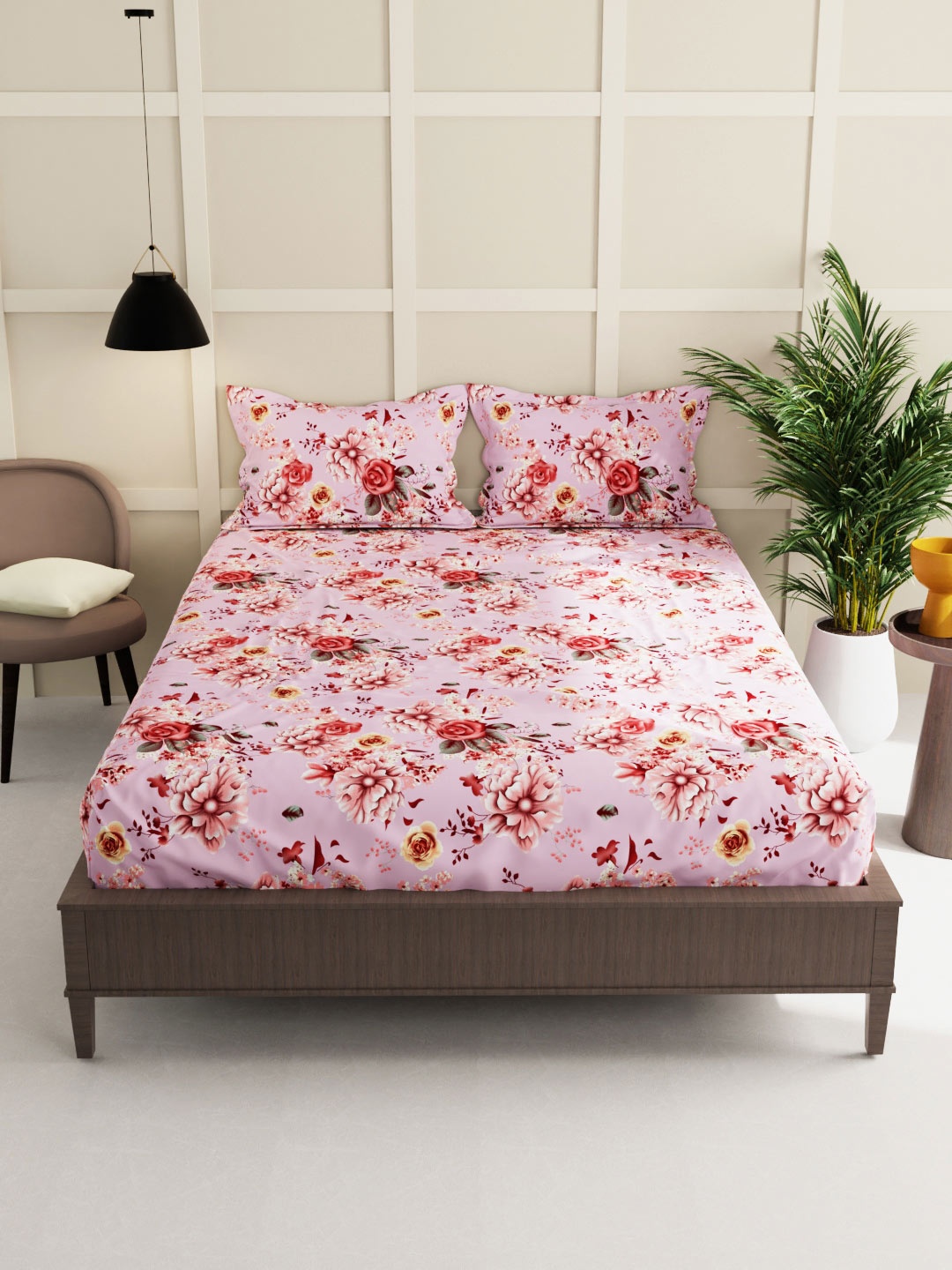 

KOPA Pink & Brown Floral 150 TC King Bedsheet with 2 Pillow Covers