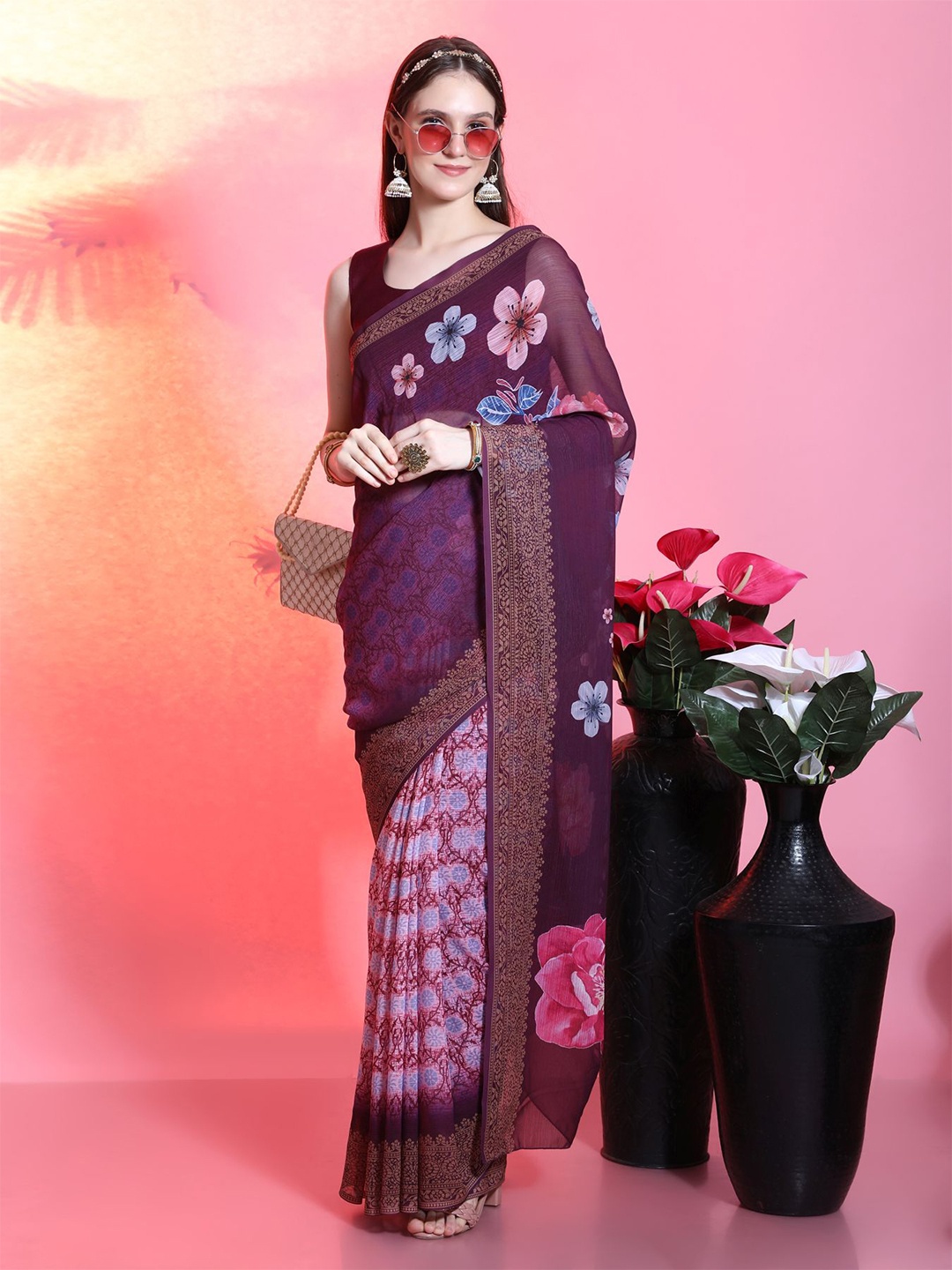 

AVANSHEE Burgundy & Purple Floral Printed Zari Poly Chiffon Saree