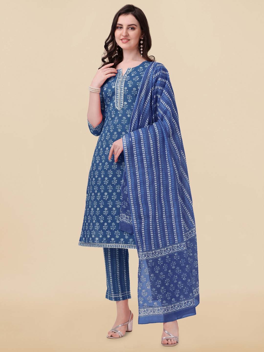

KALINI Women Floral Printed Pure Cotton Kurta with Trousers & With Dupatta, Navy blue
