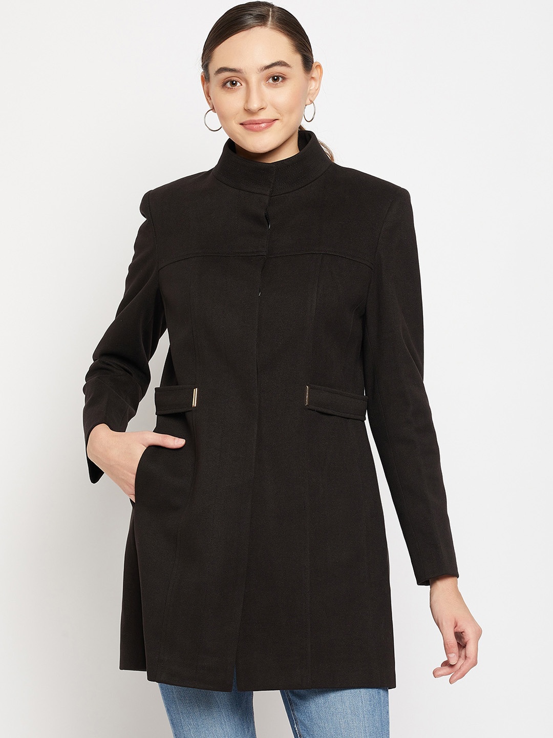 

Madame Women Black Solid Long Sleeves Longline Coats