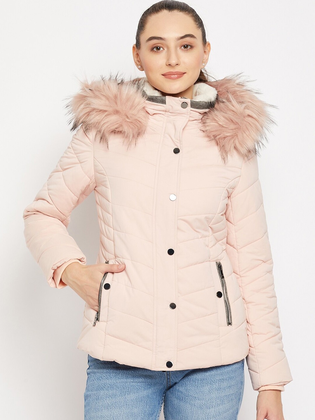 

Madame Women Pink Faux Fur Trim Parka Jacket