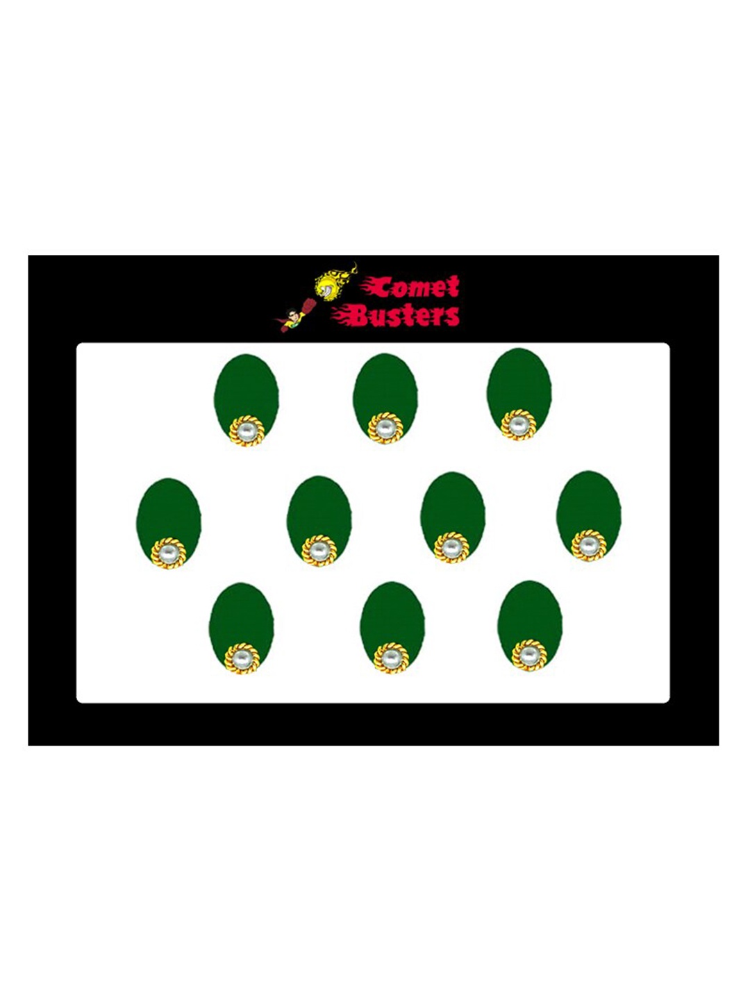 

Comet Busters 10 Pcs Embellished Reusable Oval Bindis - Green & Gold-Toned