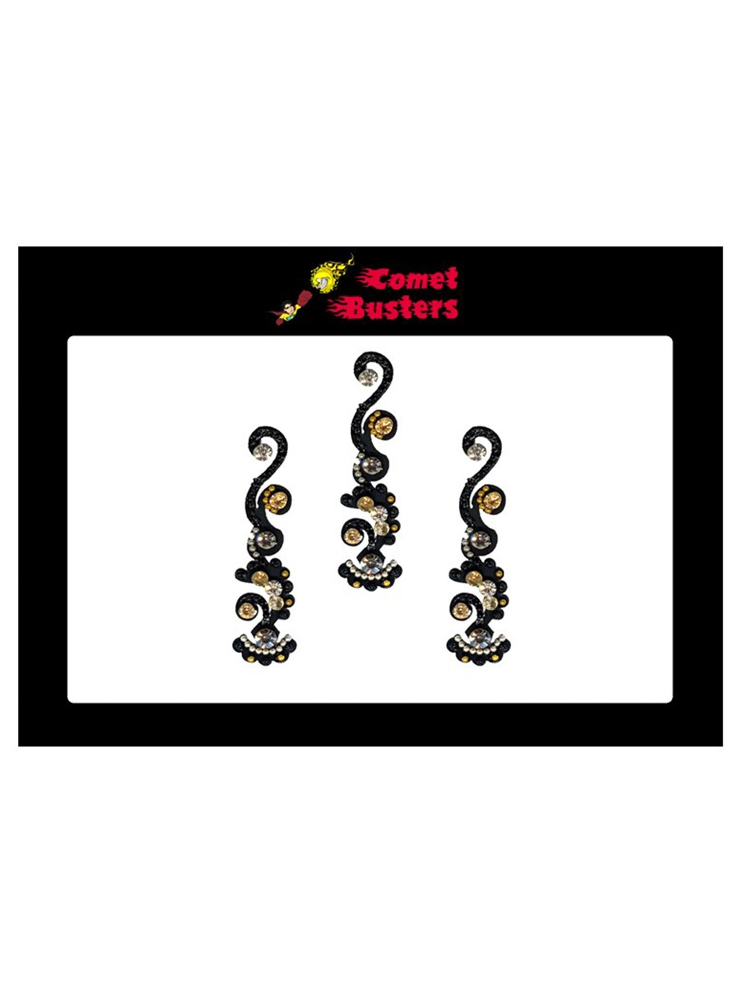 

Comet Busters 3 Pcs Embellished Reusable Designer Bindis - Black & Gold-Toned