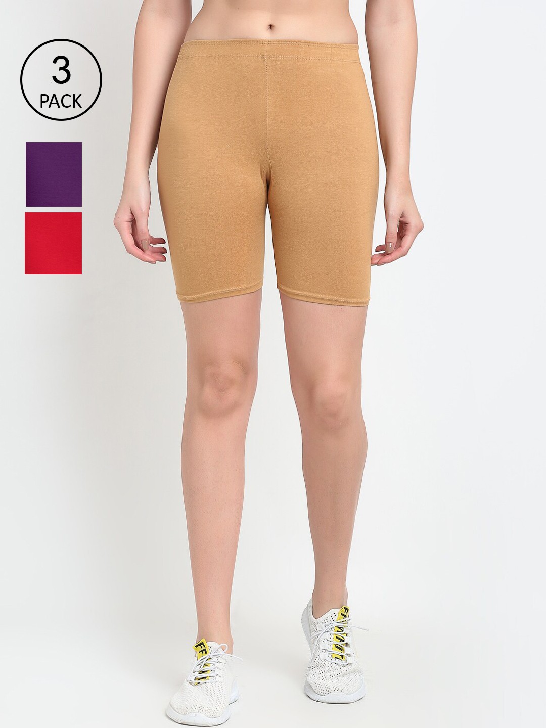 

GRACIT Women Pack Of 3 Red & Beige Outdoor Solid Sports Shorts