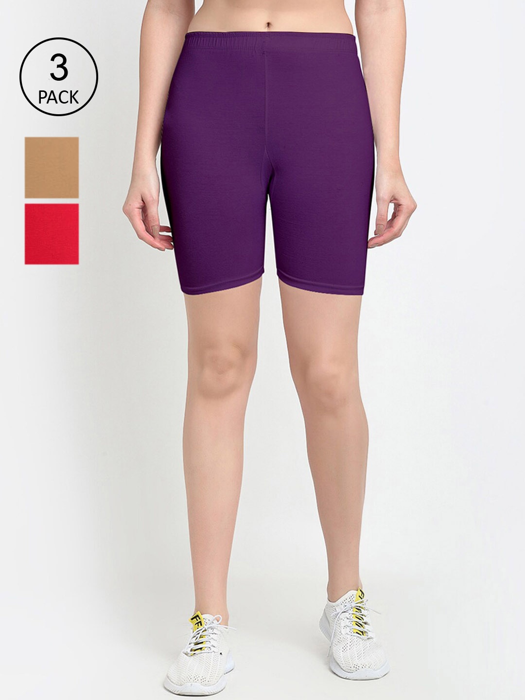 

GRACIT Women Red Cotton Pack of 3 Cycling Sports Shorts