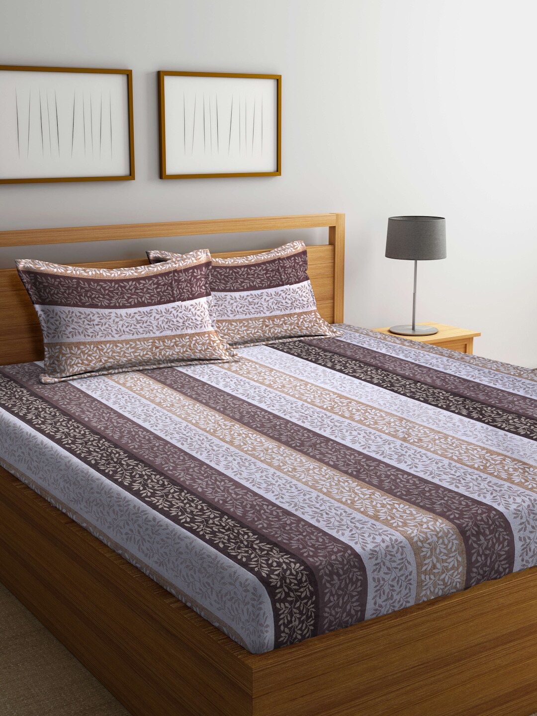 

BOMBAY DYEING Brown & Grey Floral 210 TC Cotton King Bedsheet with 2 Pillow Covers