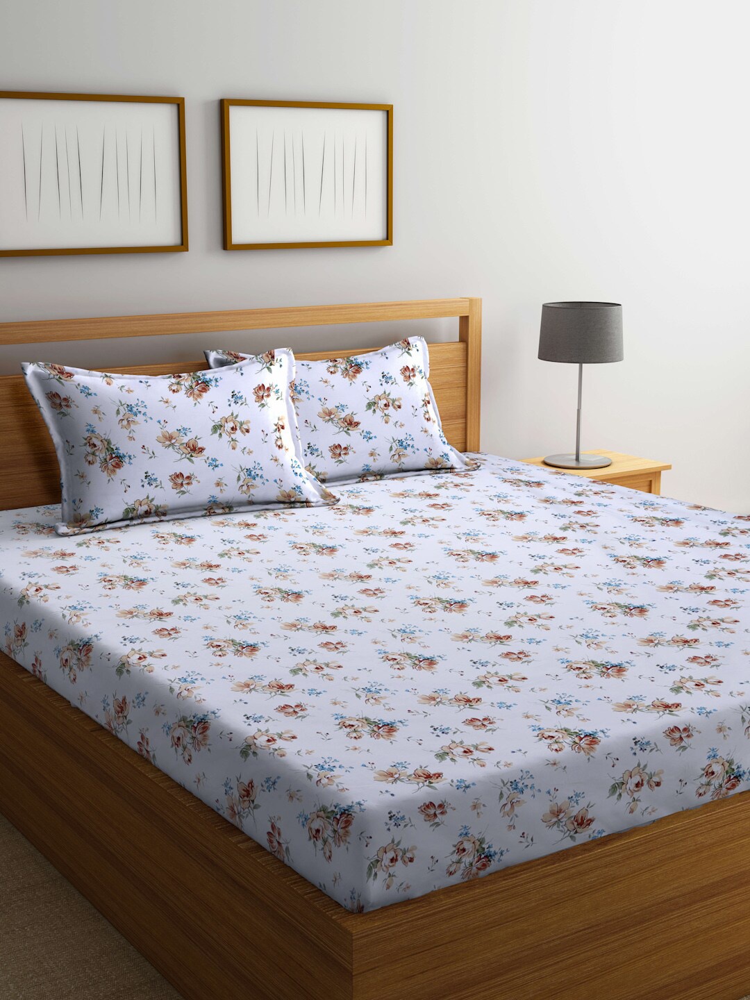 

BOMBAY DYEING Blue & Brown Floral Printed 160 TC Cotton King Bedsheet with 2 Pillow Covers