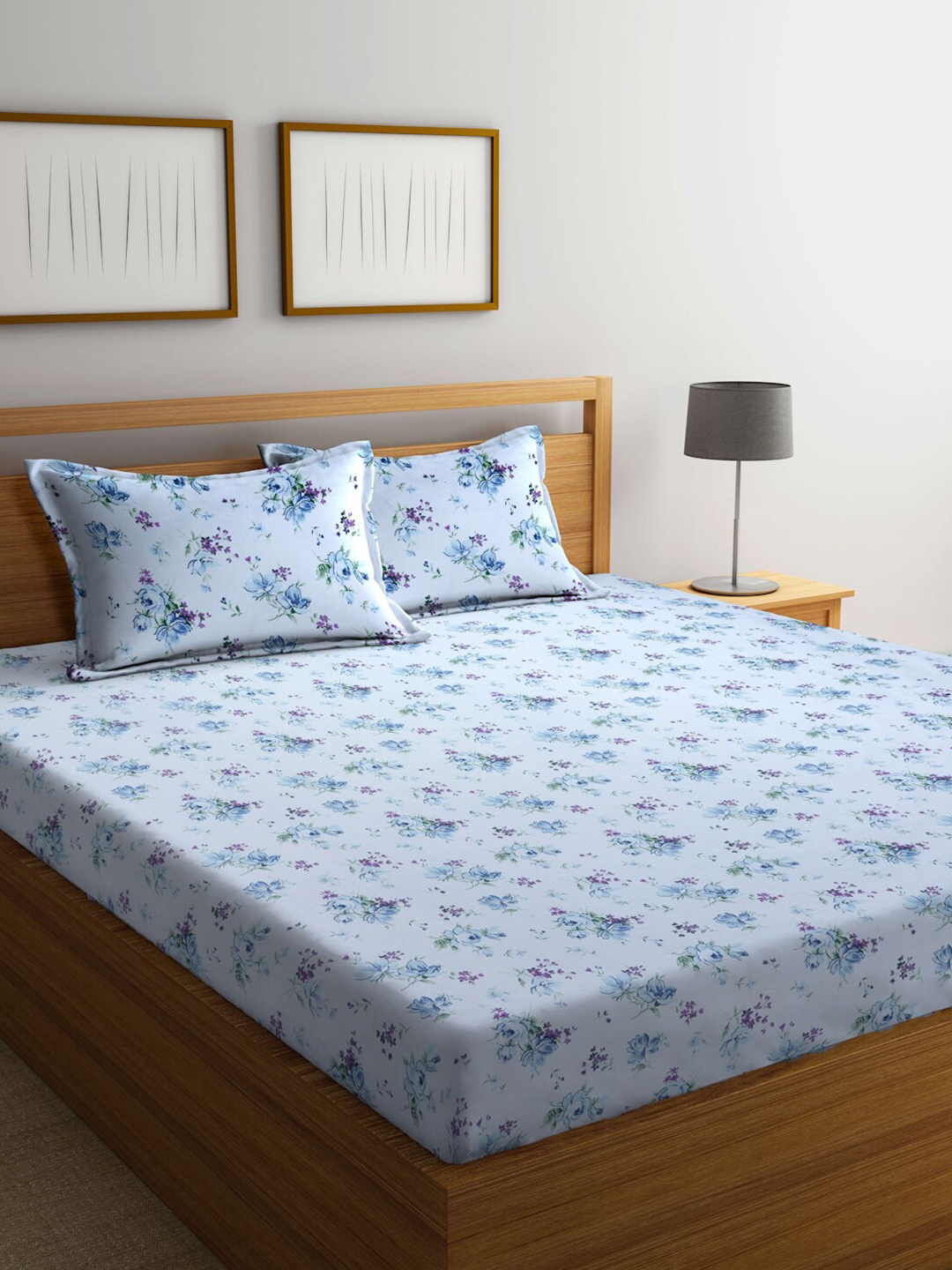 

BOMBAY DYEING Blue & Purple Floral 160 TC King Bedsheet with 2 Pillow Covers