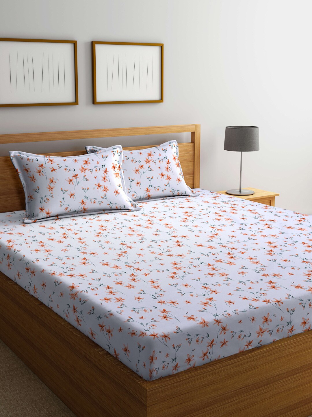 

BOMBAY DYEING Orange & White Cotton Floral 160 TC King Bedsheet with 2 Pillow Covers