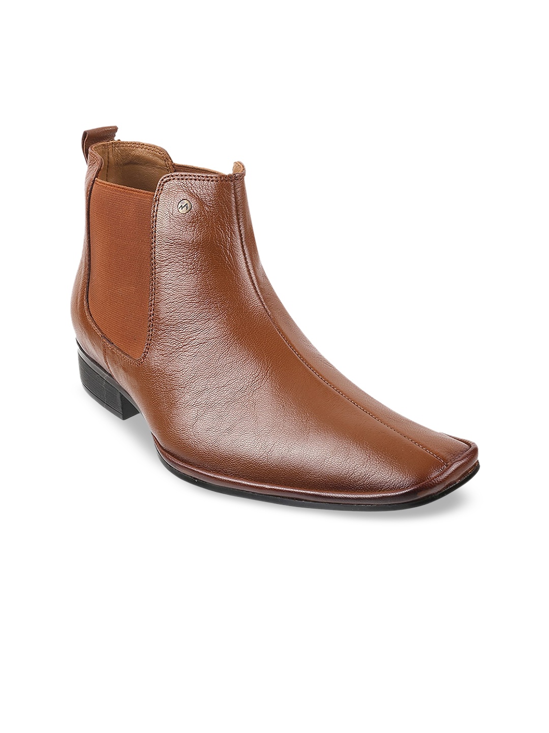 

Metro Men Tan Solid Leather Formal Slip-On Boots