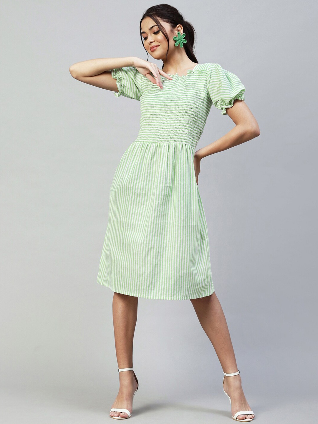 

Selvia Green & White Striped Cotton Smoked A-Line Dress