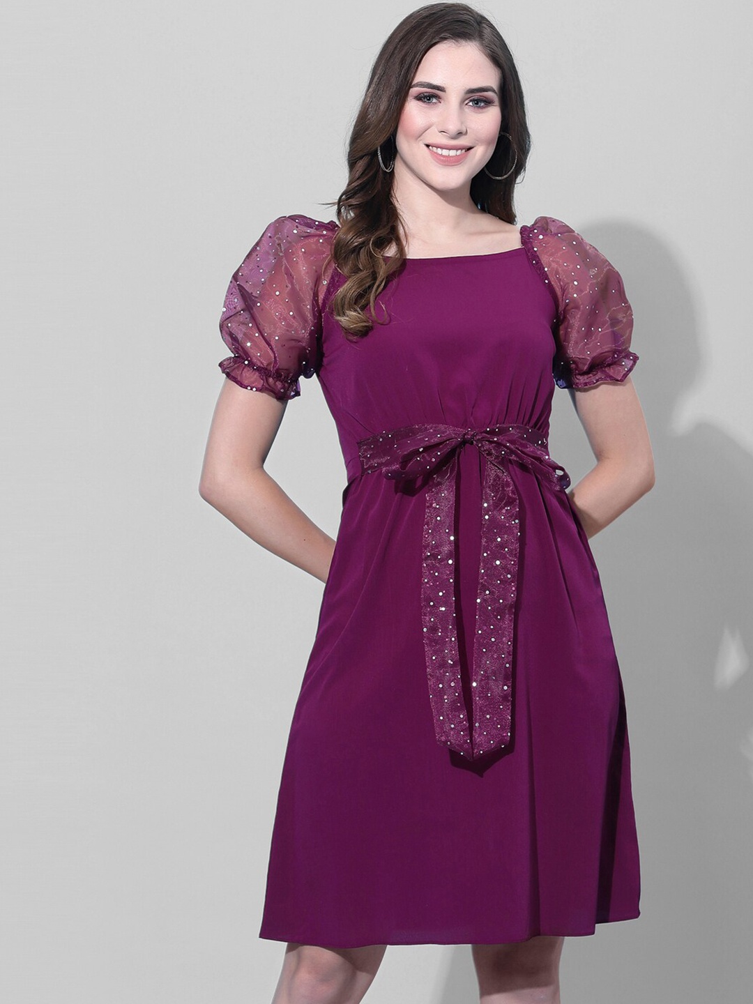 

Selvia Women Magenta Solid Polyester Puff Sleeves A-Line Dress
