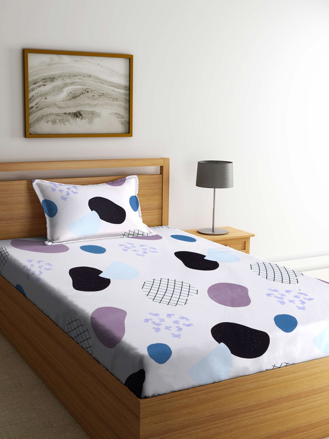 

ROMEE Graphic Print 186 TC Microfiber Single Bedsheet With 1 Pillow Covers, White