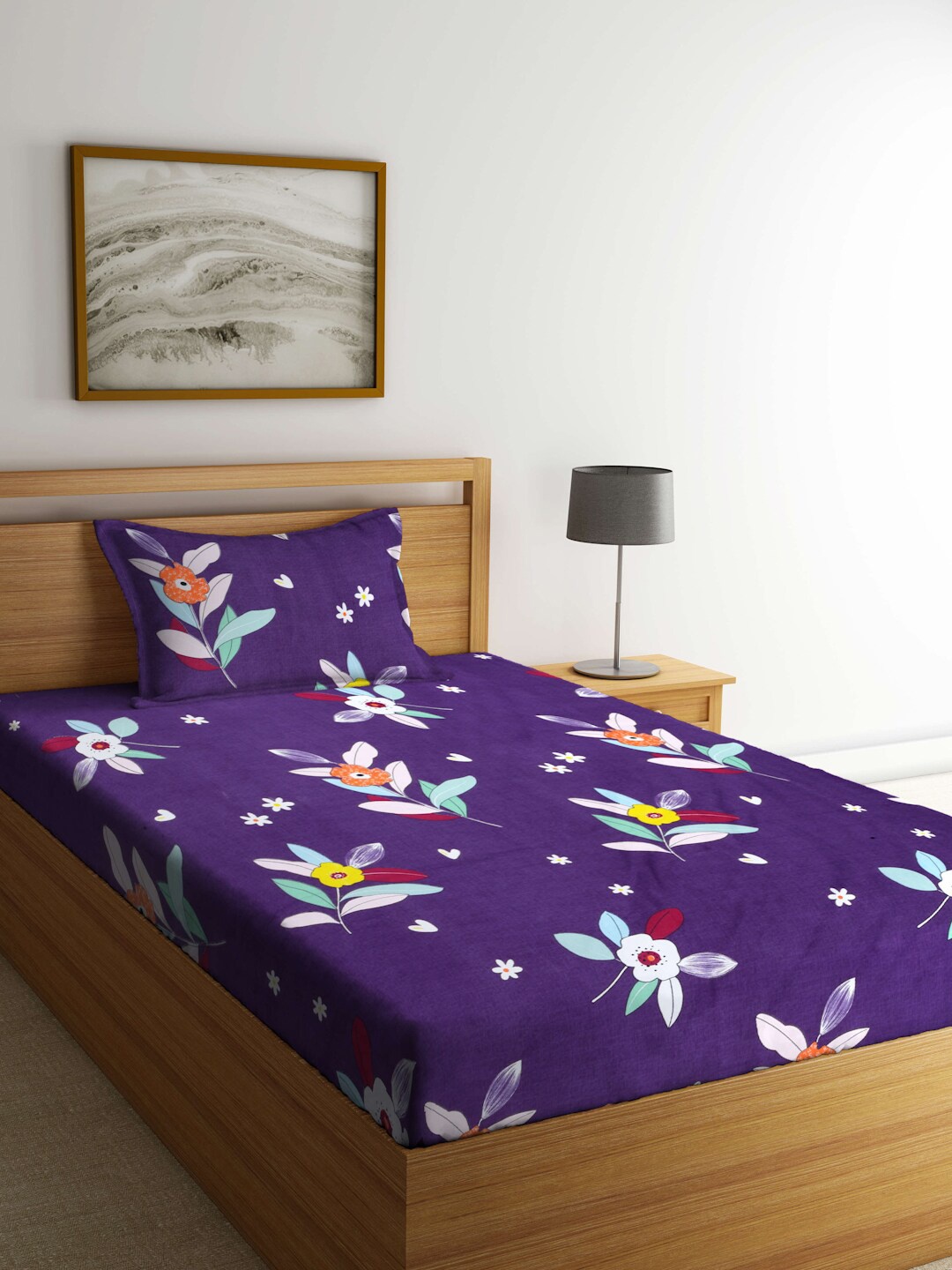 

ROMEE Purple & Yellow Floral 186 TC Microfiber Single Bedsheet with 1 Pillow Covers