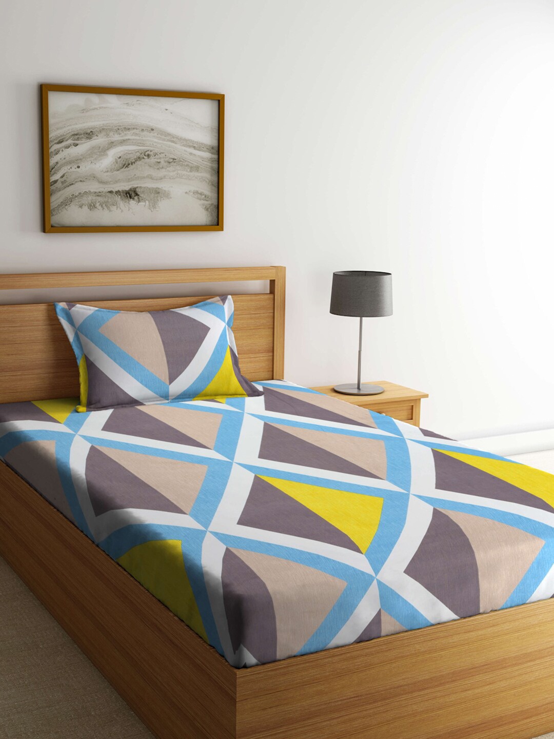 

ROMEE Grey & Blue Geometric Microfiber Queen Bedsheet with 1 Pillow Covers