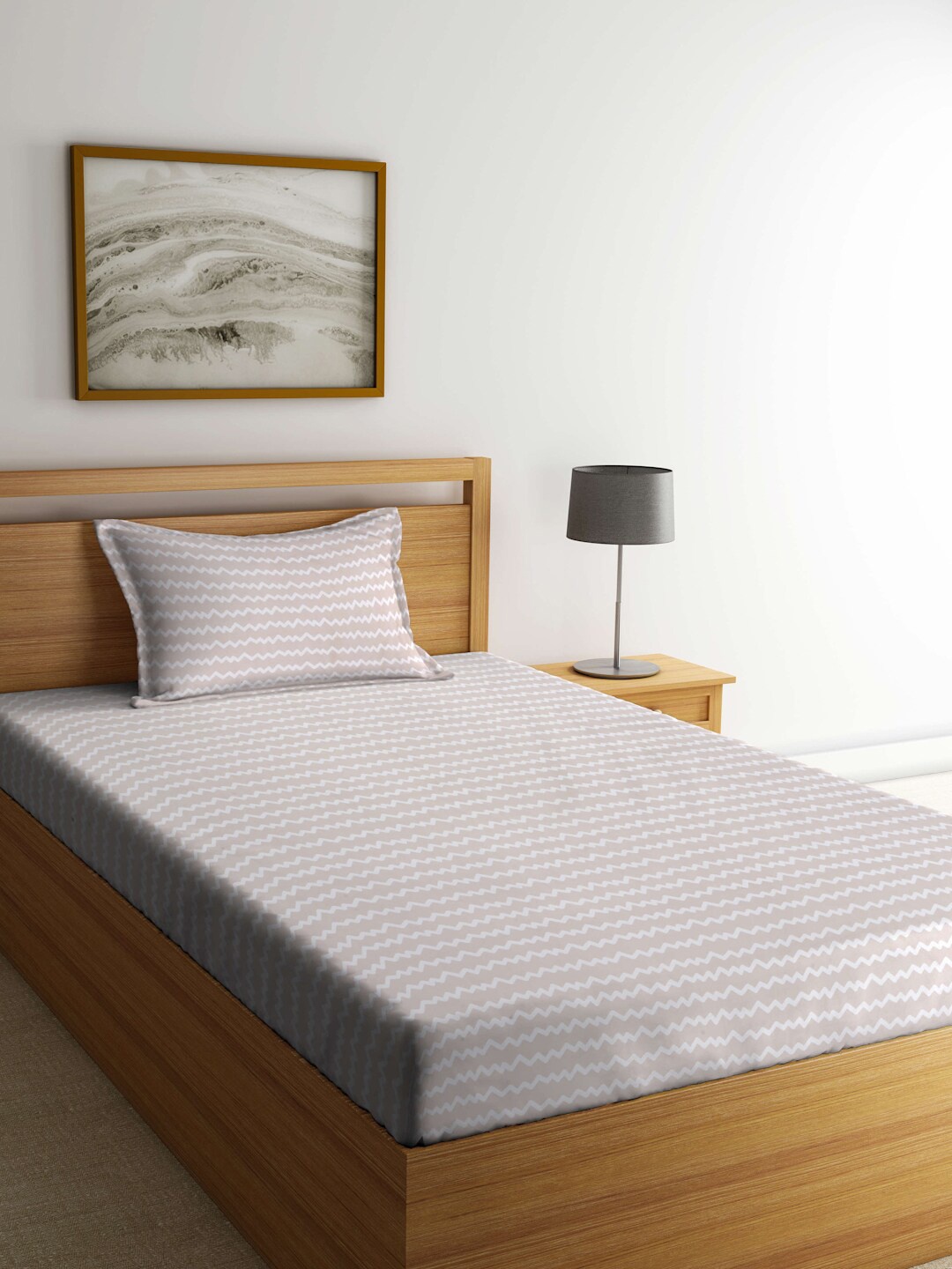 

ROMEE Beige & Off White Geometric 210 TC Single Bedsheet with 1 Pillow Covers