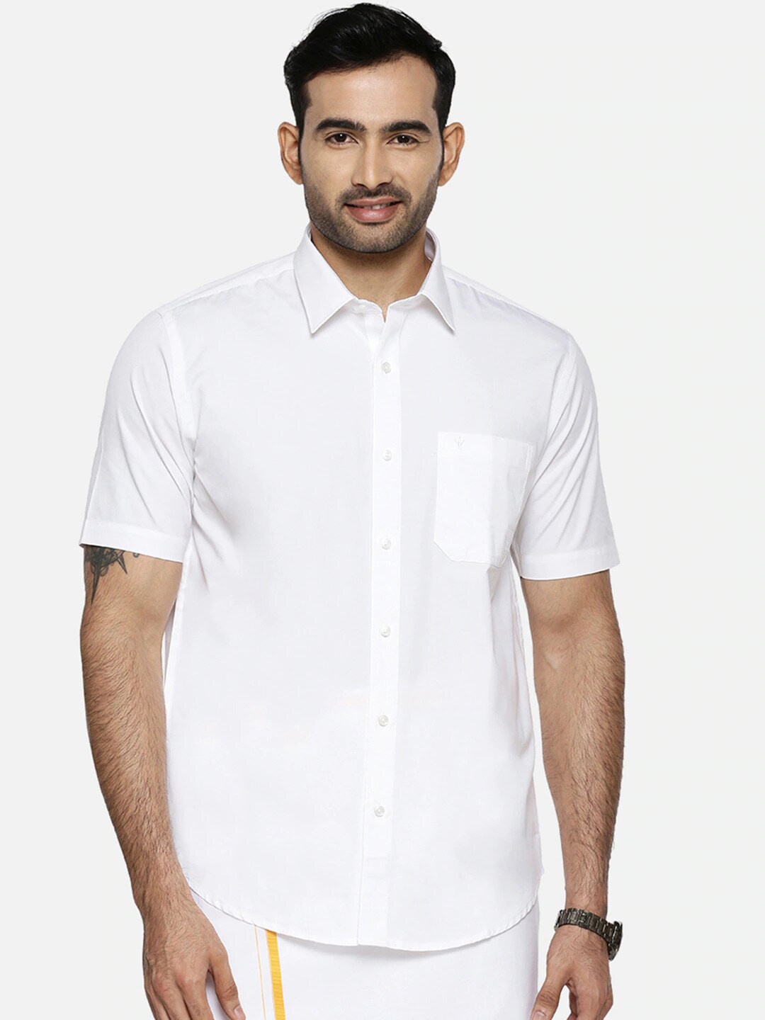 

Ramraj Men White Solid Pure Cotton Short Sleeves Formal Shirt