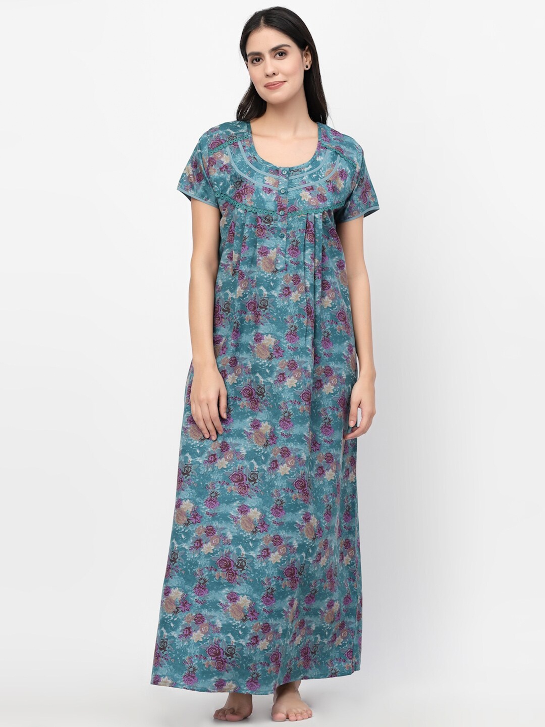 

Sweet Dreams Women Green Printed Maxi Nightdress