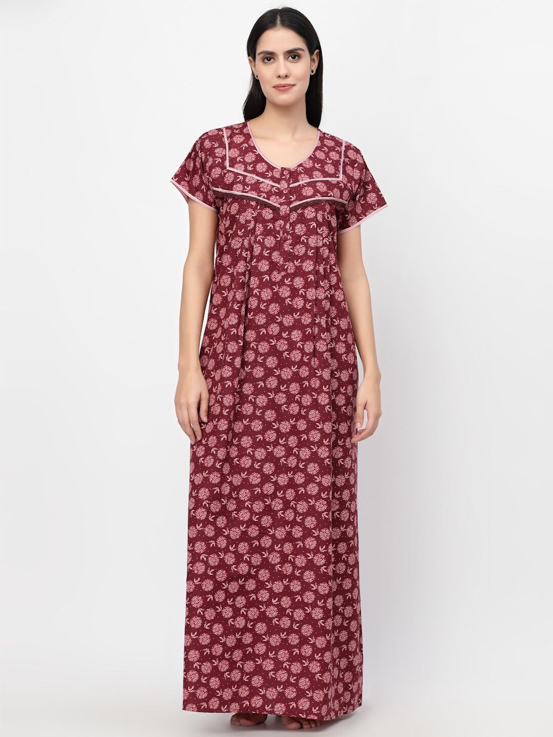 

Sweet Dreams Women's Maroon Printed Maxi Nightdress