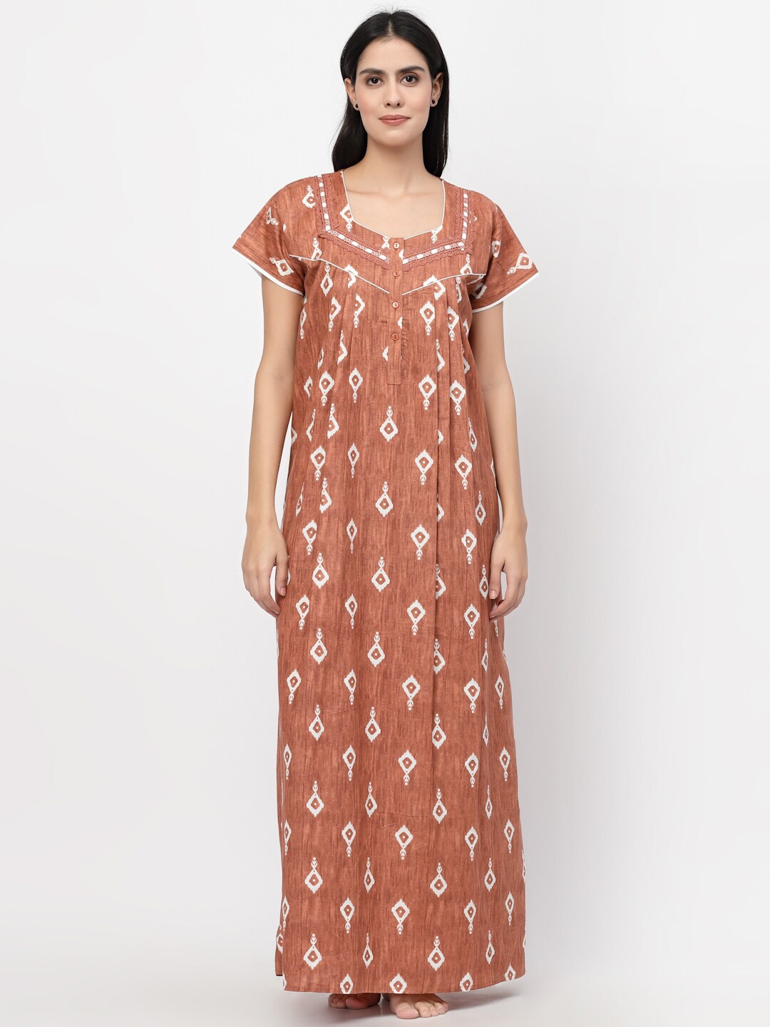 

Sweet Dreams Women Rust Ethnic Motifs Printed Maxi Pure Cotton Nightdress