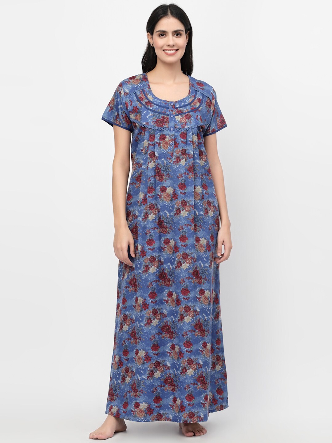 

Sweet Dreams Women Blue Printed Maxi Nighty- AKN-2478 BLUE-BLUE