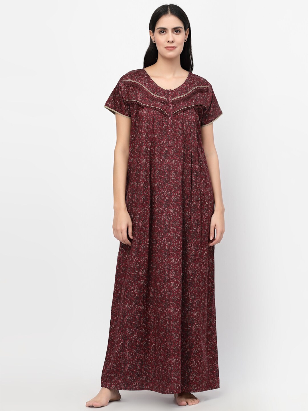 

Sweet Dreams Maroon Printed Maxi Nightdress