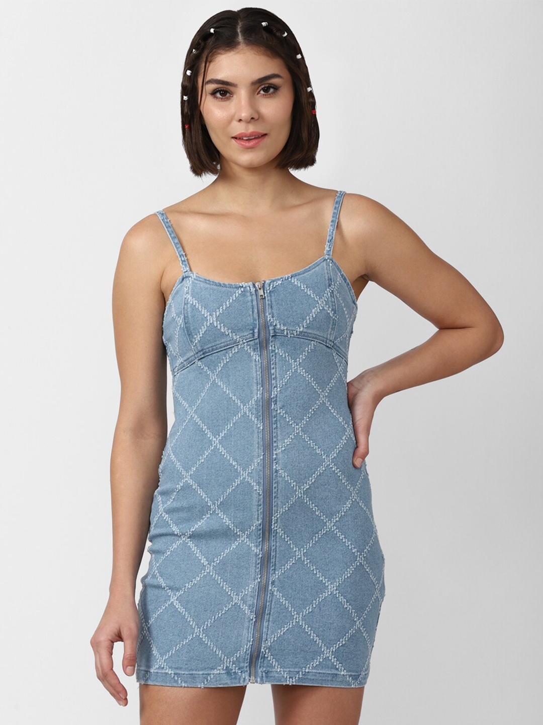 

FOREVER 21 Women Checked Bodycon Mini Dress, Blue