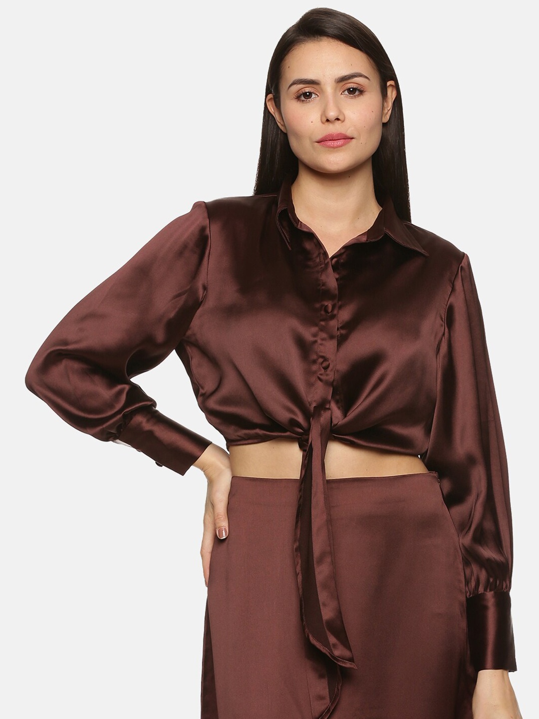 

ISU Women Satin Solid Blouson Crop Top, Brown