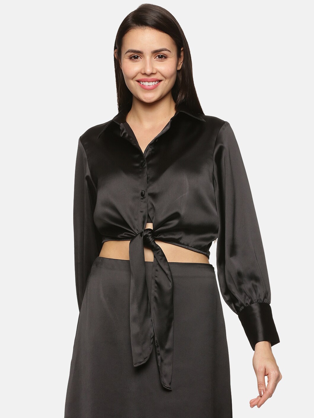 

ISU Black Satin Solid Blouson Crop Top