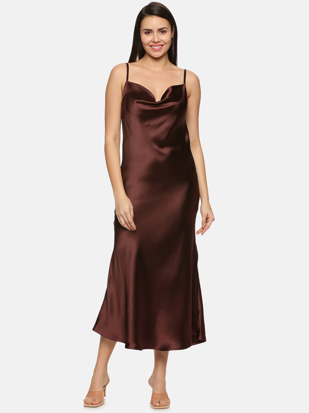 

ISU Women Satin Cowl Neck Slip Dress, Brown