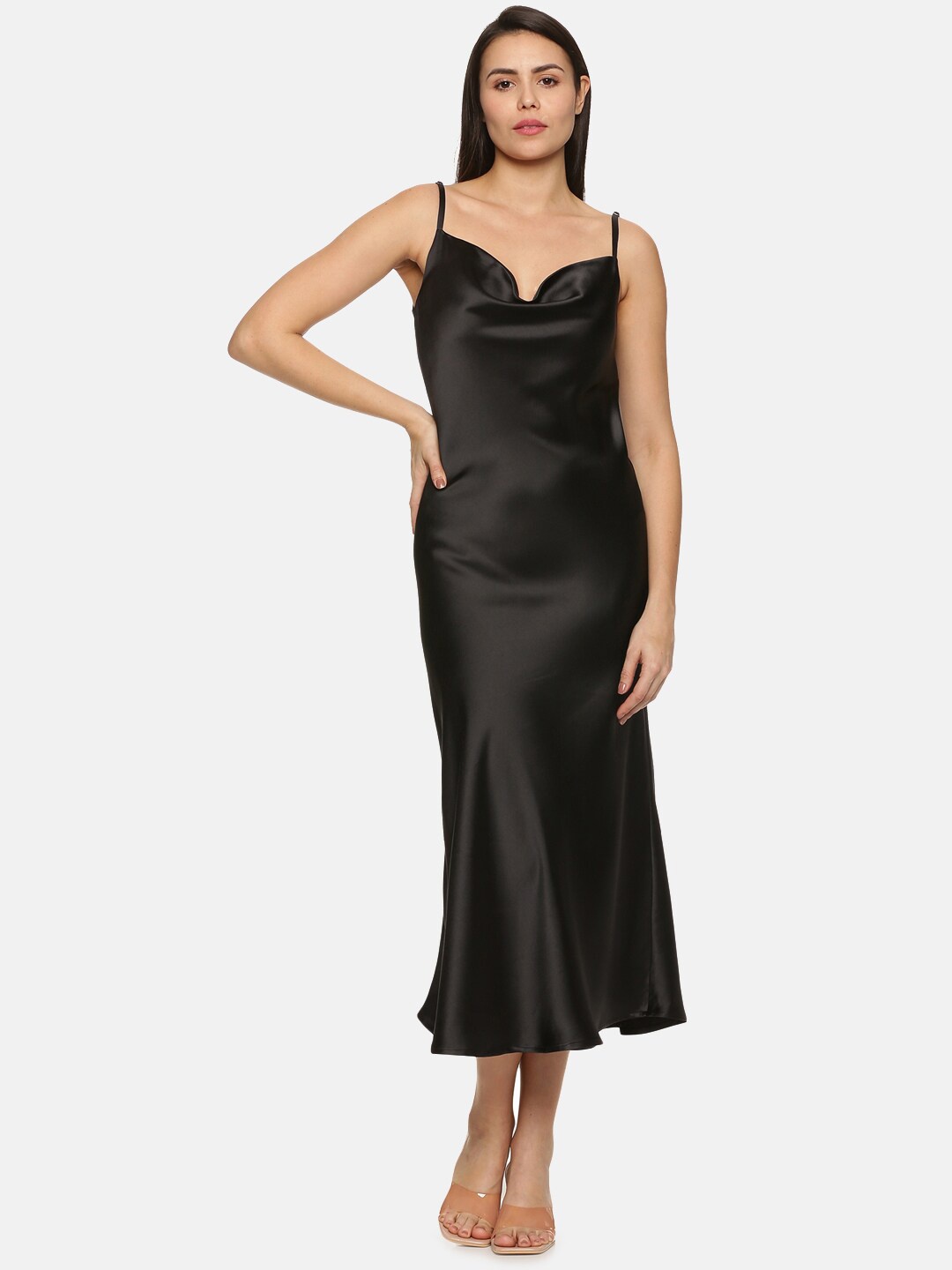 

ISU Black Satin Cowl Neck Slip Midi Dress