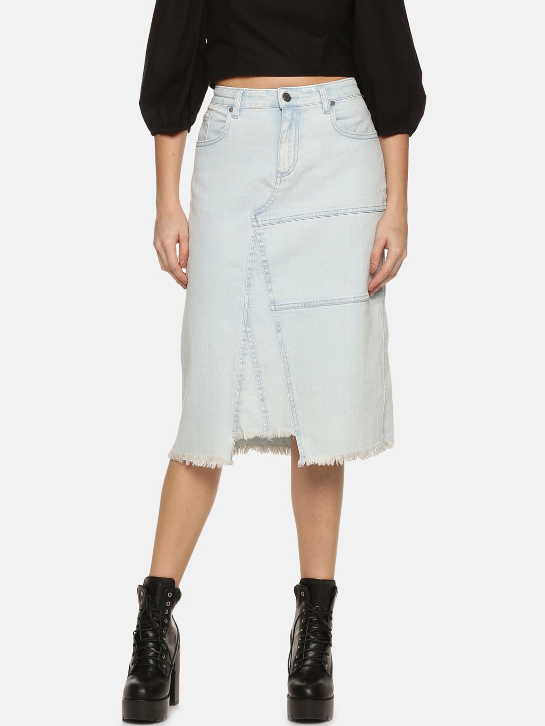 

ISU Women Blue Solid Midi Denim Straight Skirt