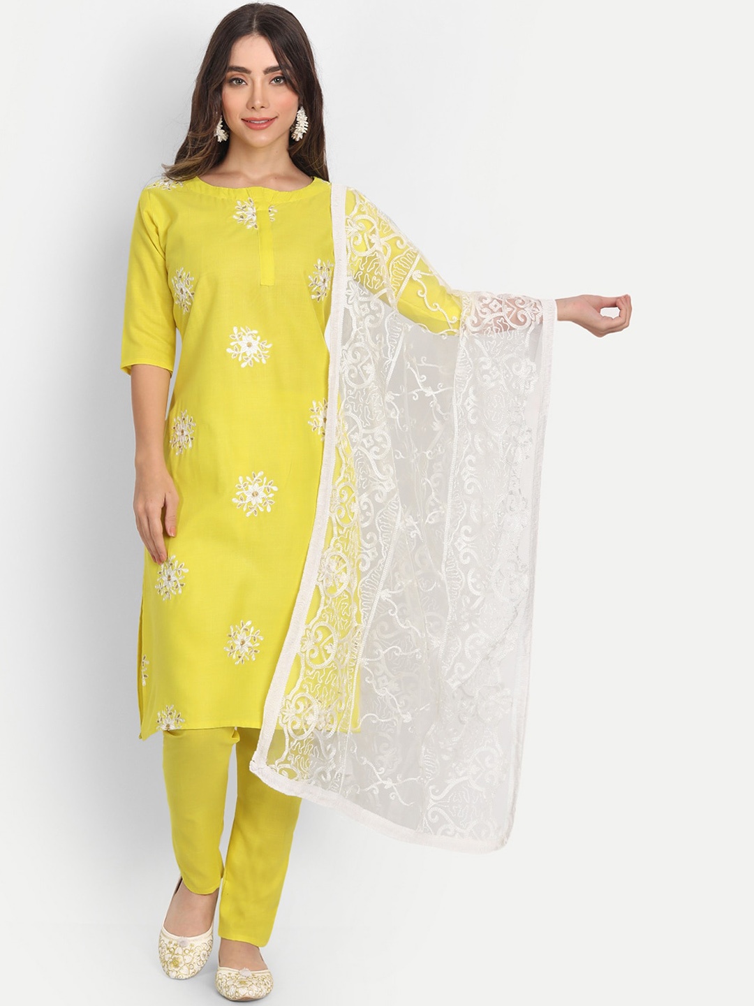 

AA-HA Women Lime Green Floral Embroidered Thread Work Kurta with Trousers & Dupatta