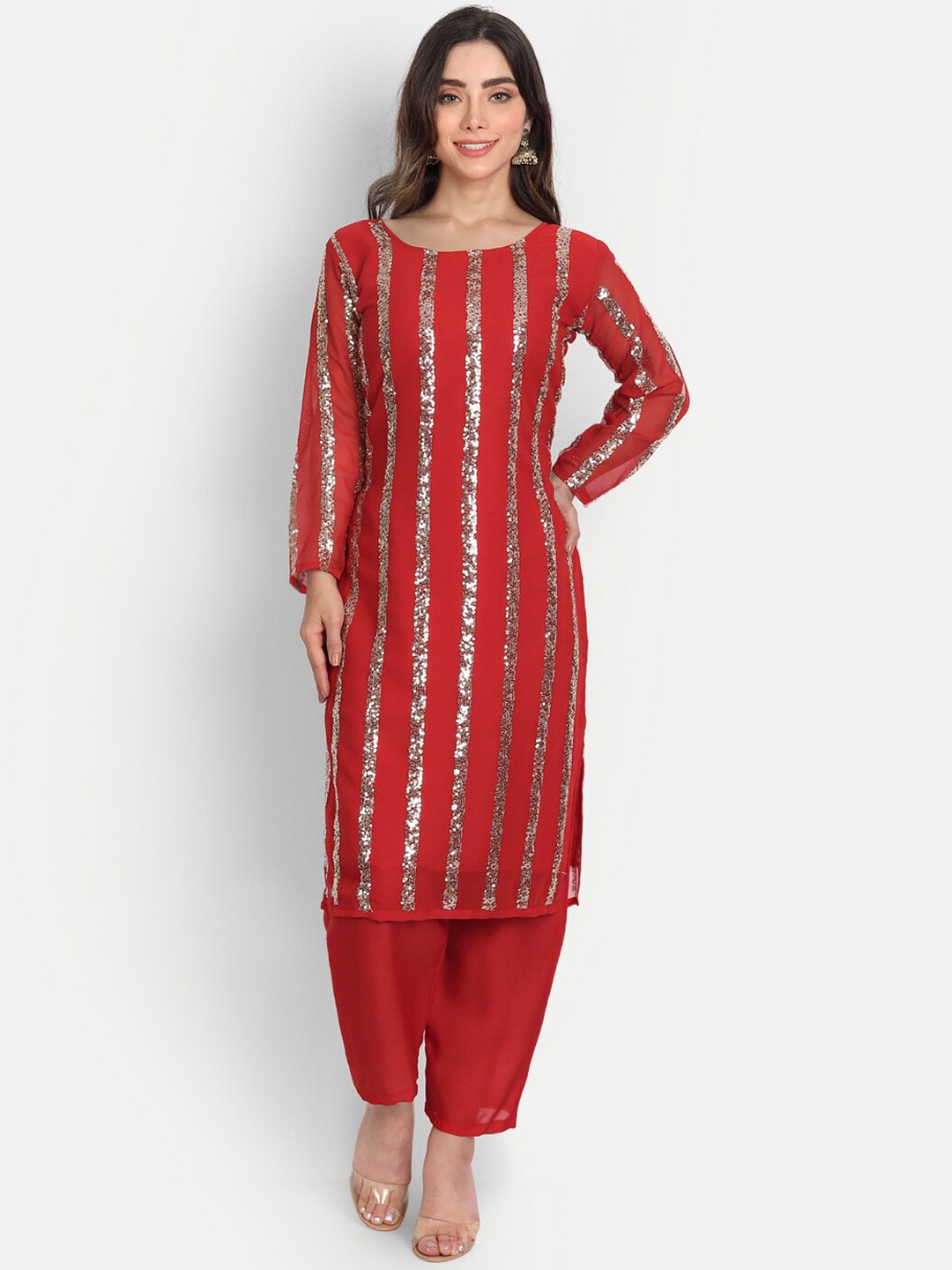 

AA-HA Women Red Embroidered Striped Sequinned Silk Georgette Kurta with Trousers