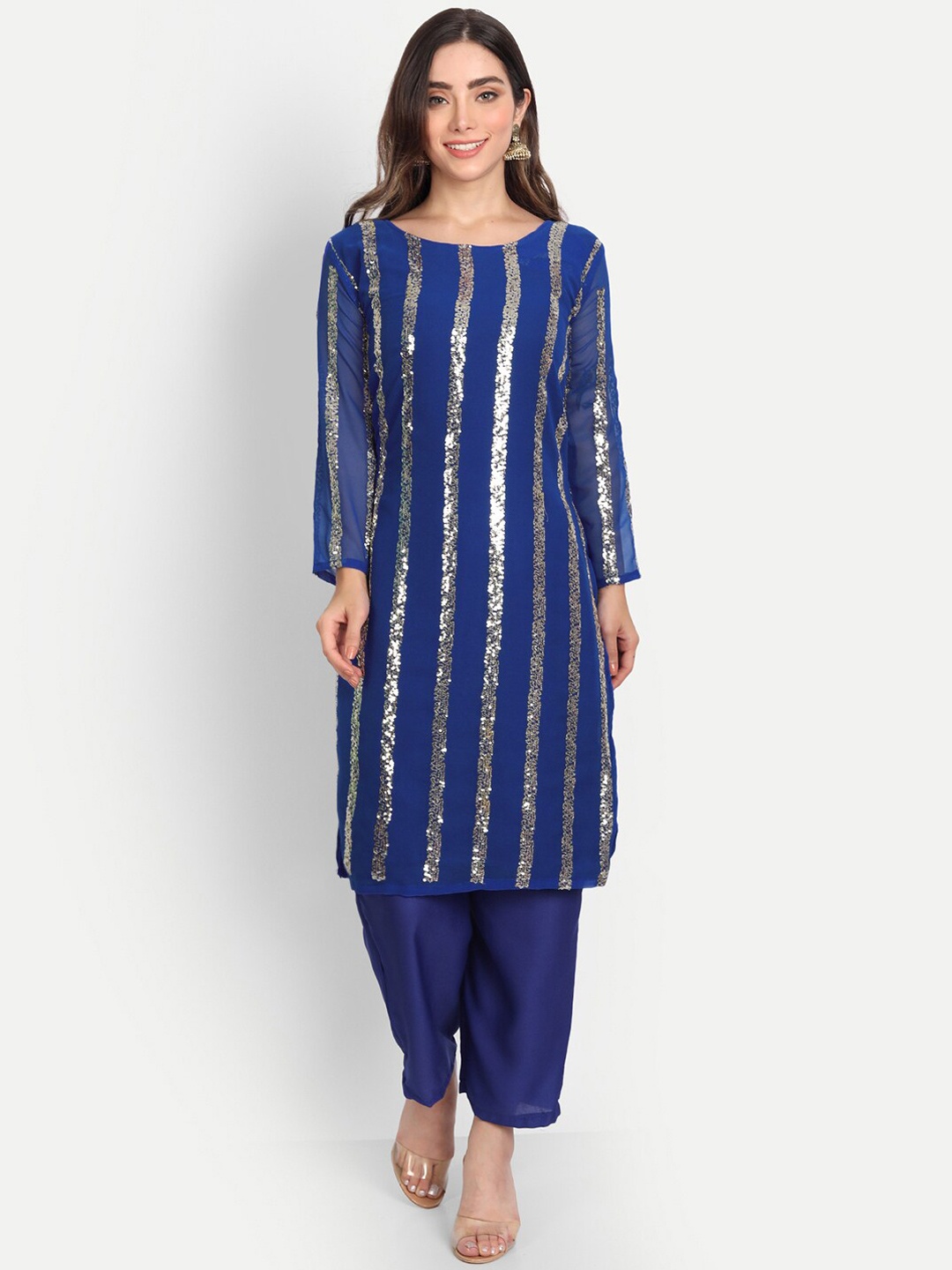 

AA-HA Women Blue Embellished Sequinned Silk Georgette Kurta with Trousers