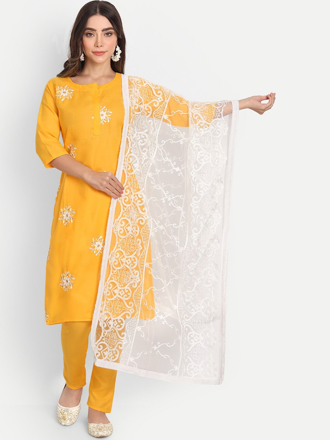 

AA-HA!! Women Yellow Floral Embroidered Kurta with Trousers & With Dupatta