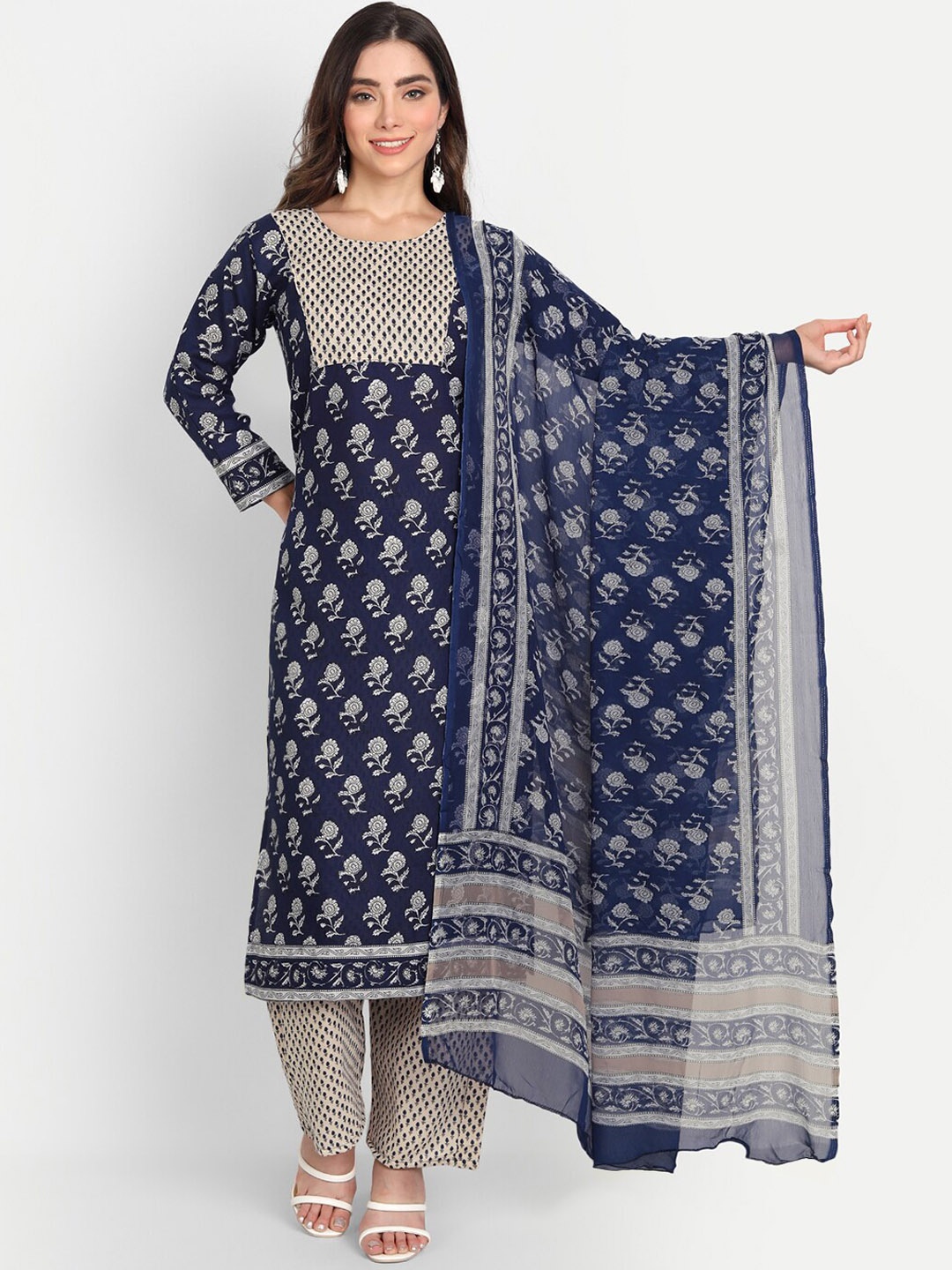 

AA-HA Women Navy Blue Floral Printed Kurta with Trousers & With Dupatta
