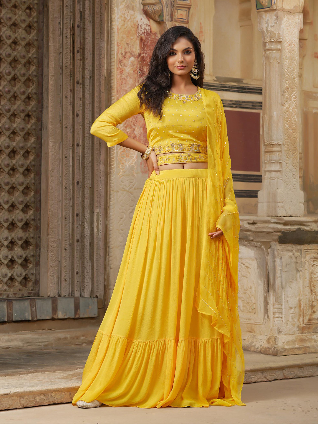 

SCAKHI Women Mustard & Gold Embroidered Ready to Wear Lehenga & Blouse With Dupatta