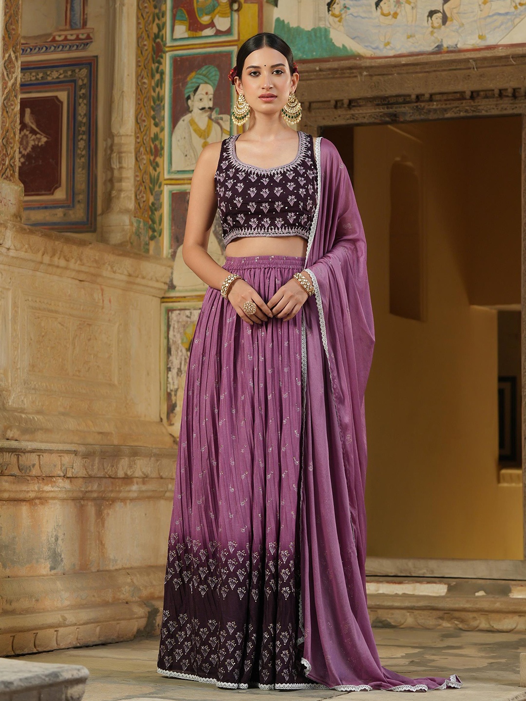 

SCAKHI Purple & Gold-Toned Embroidered Foil Print Ready to Wear Lehenga & Blouse With Dupatta