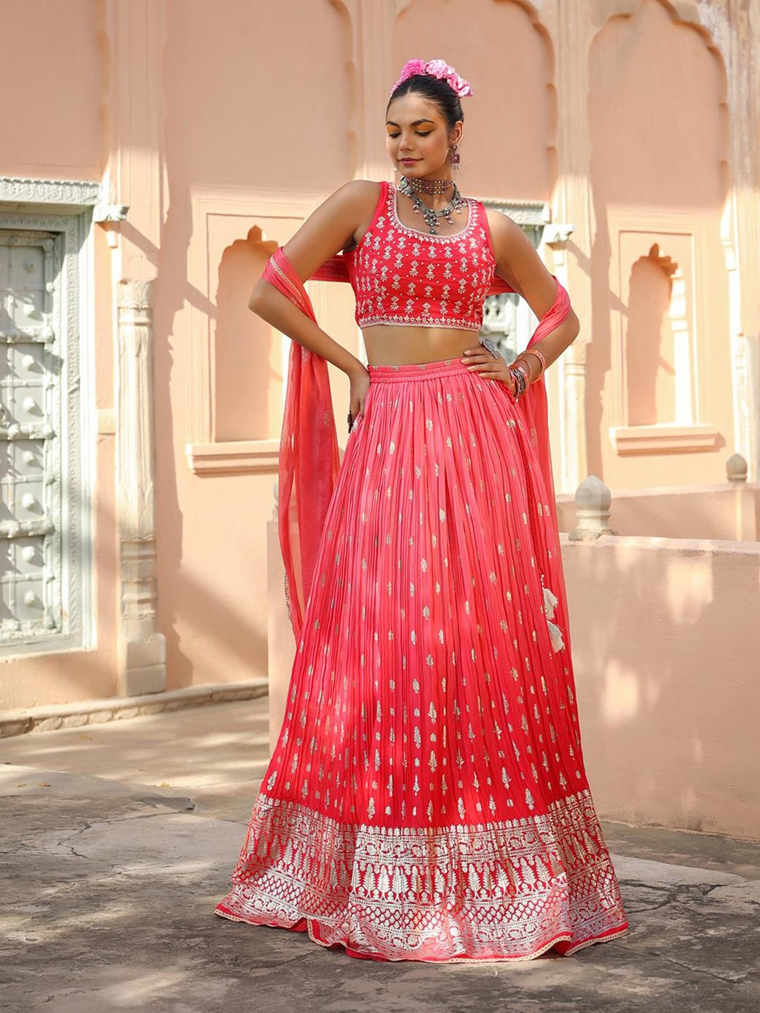 

SCAKHI Women Pink & Gold Embroidered Ready to Wear Lehenga & Blouse With Dupatta