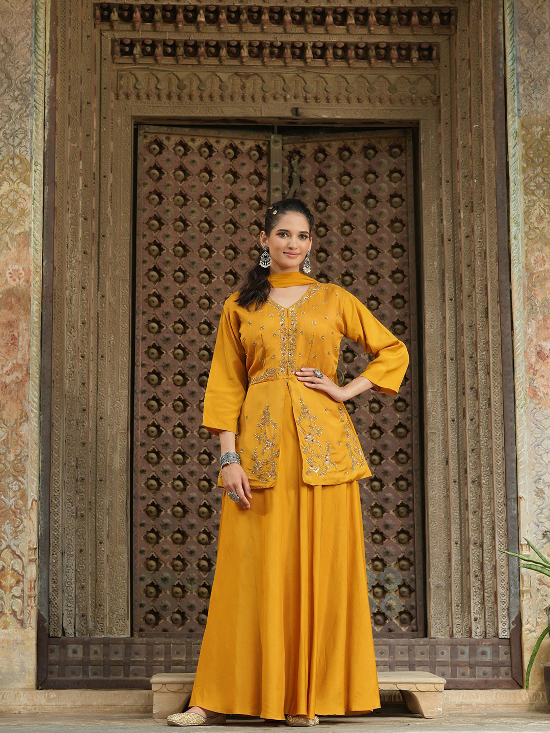 

SCAKHI Mustard & Gold-Toned Embellished Sequinned Ready to Wear Lehenga & Blouse With Dupatta