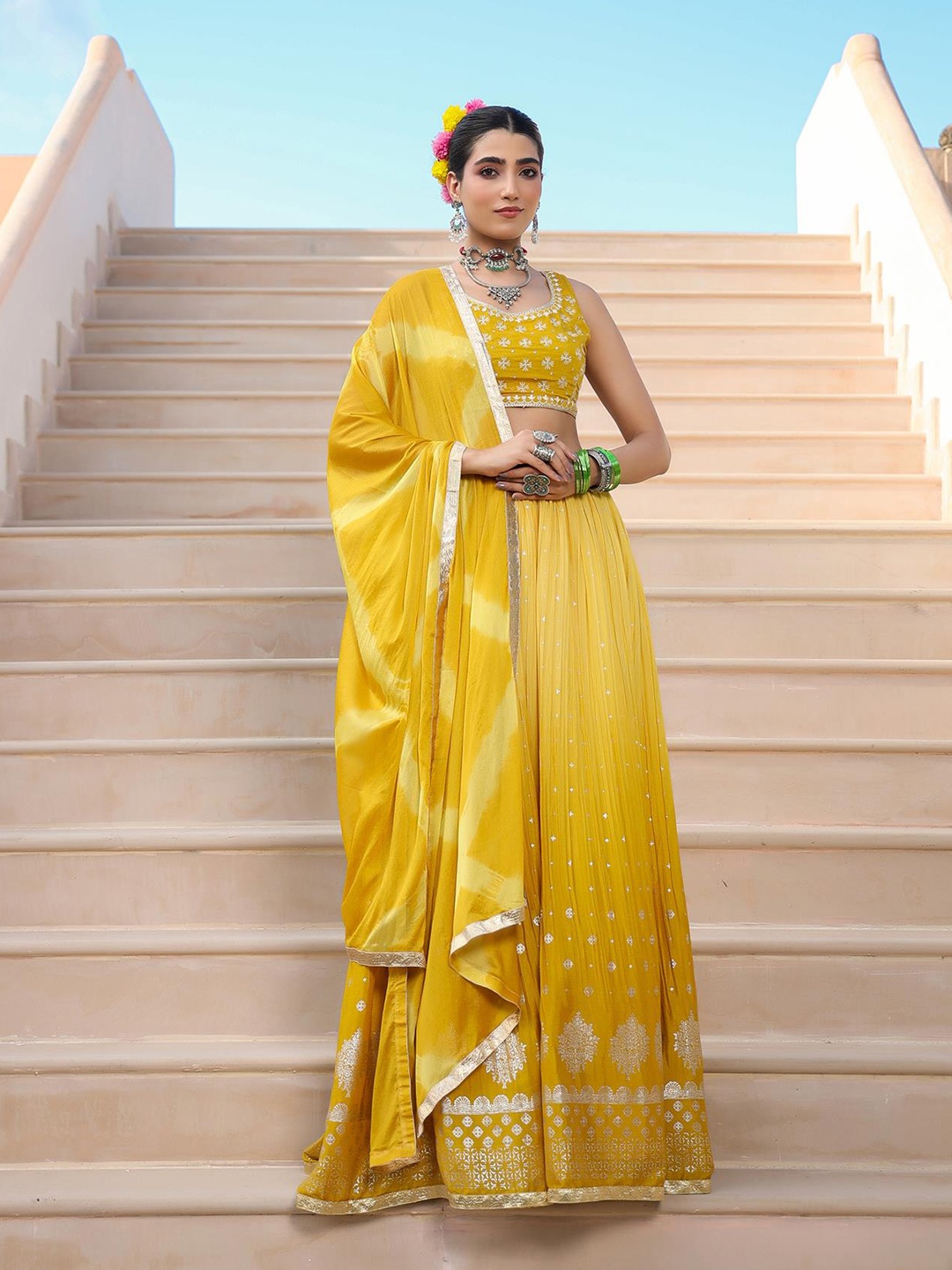 

SCAKHI Mustard & Gold-Toned Embroidered Foil Print Ready to Wear Lehenga & Blouse With Dupatta