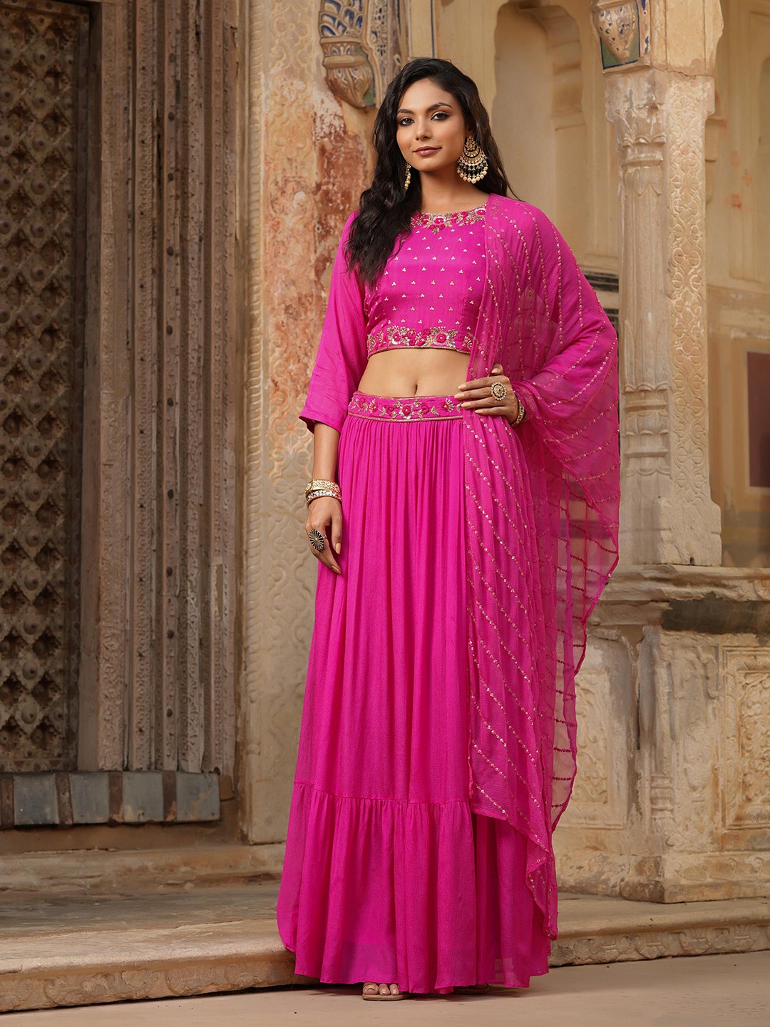 

SCAKHI Pink & Gold-Toned Embellished Sequinned Ready to Wear Lehenga & Blouse With Dupatta