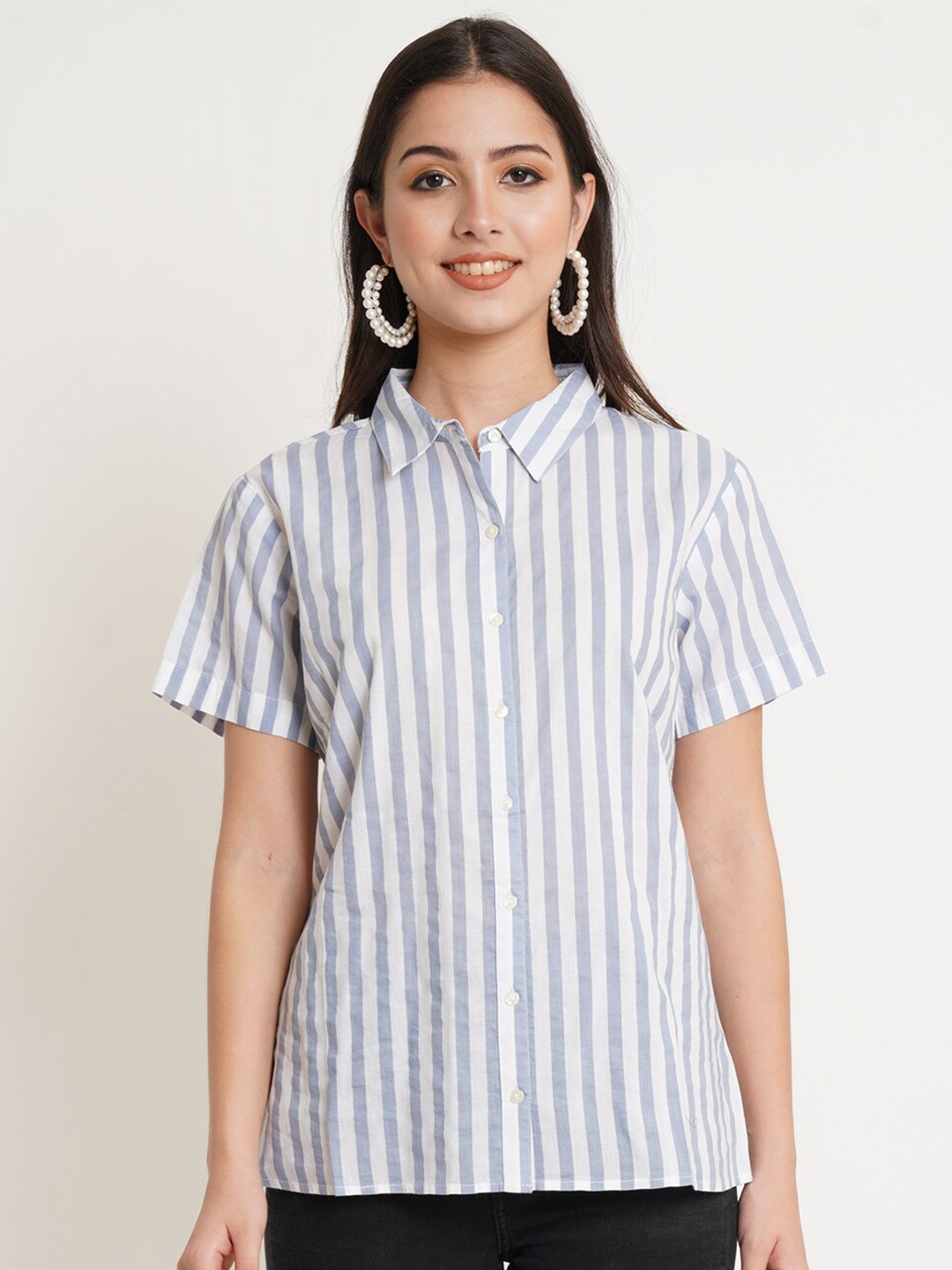 

IX IMPRESSION Women Striped Shirt Style Top, Blue
