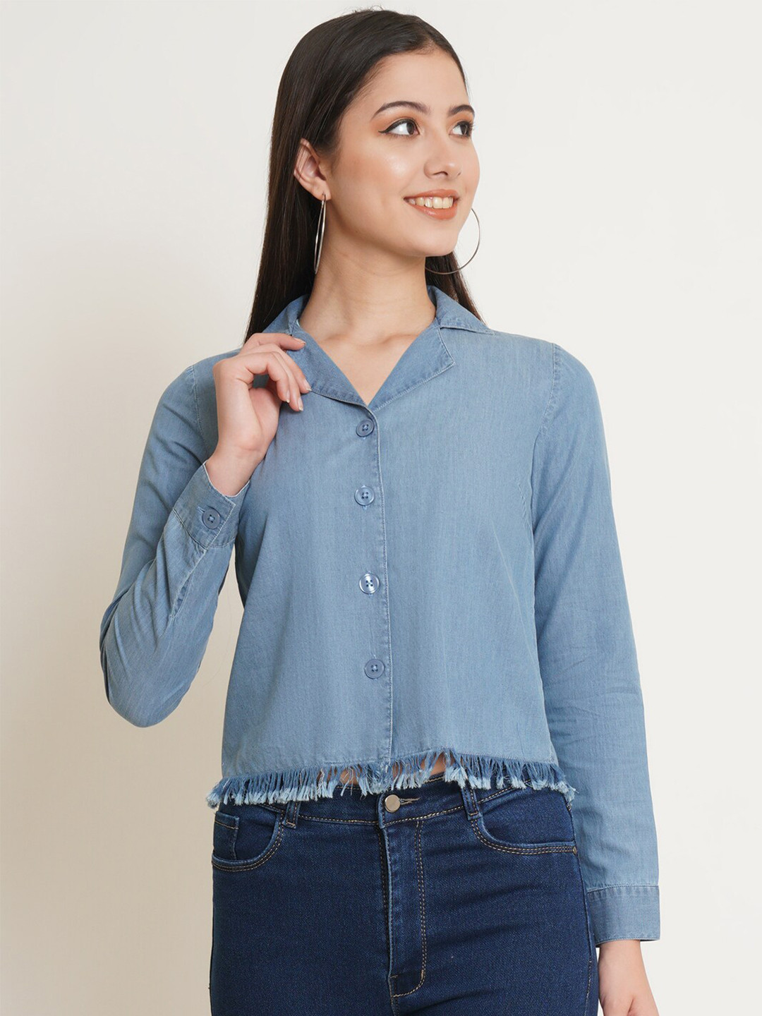 

IX IMPRESSION Women Blue Shirt Style Embroidered Pure Cotton Crop Top