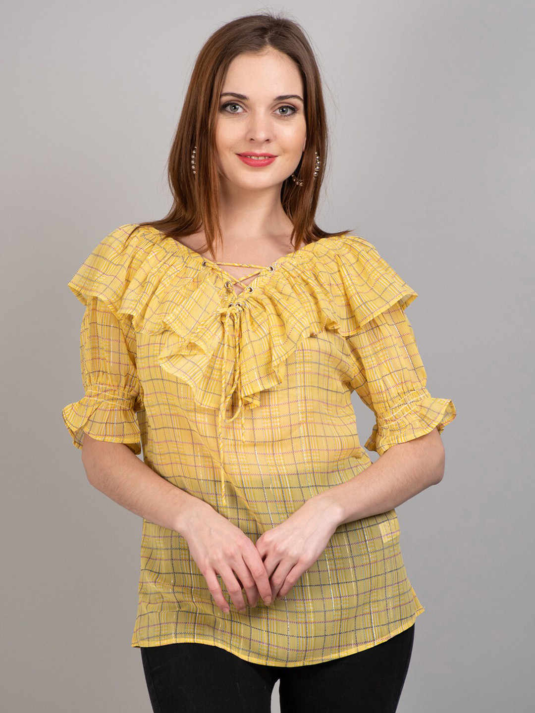 

IX IMPRESSION Women Yellow Checked Tie-Up Neck Top