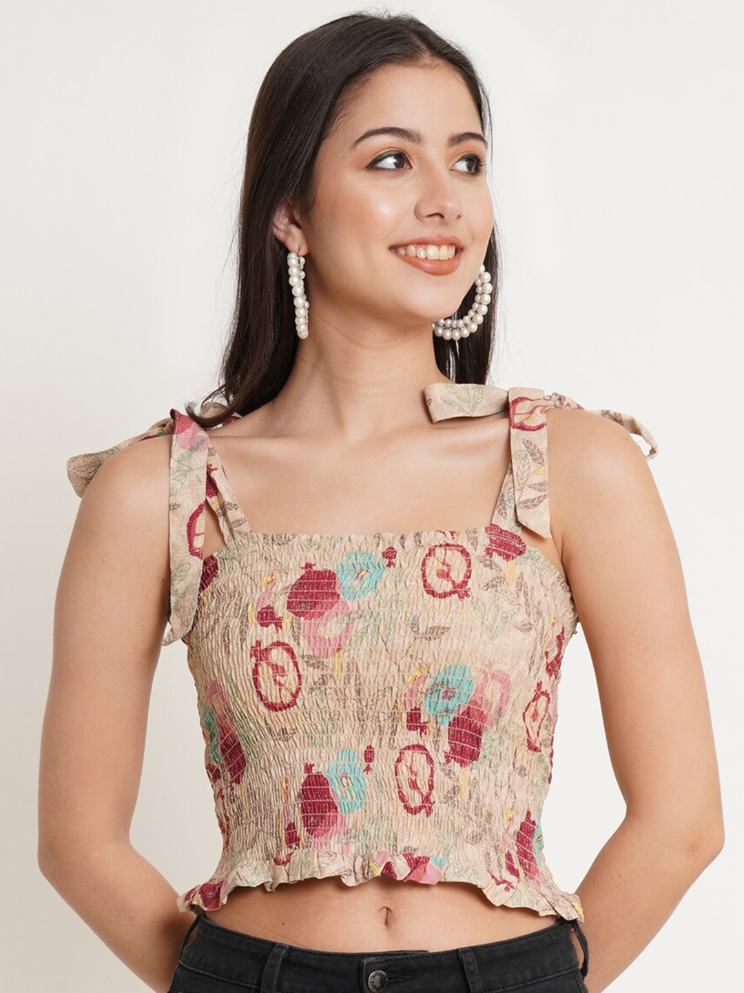 

IX IMPRESSION Pink & Beige Floral Print Crop Top