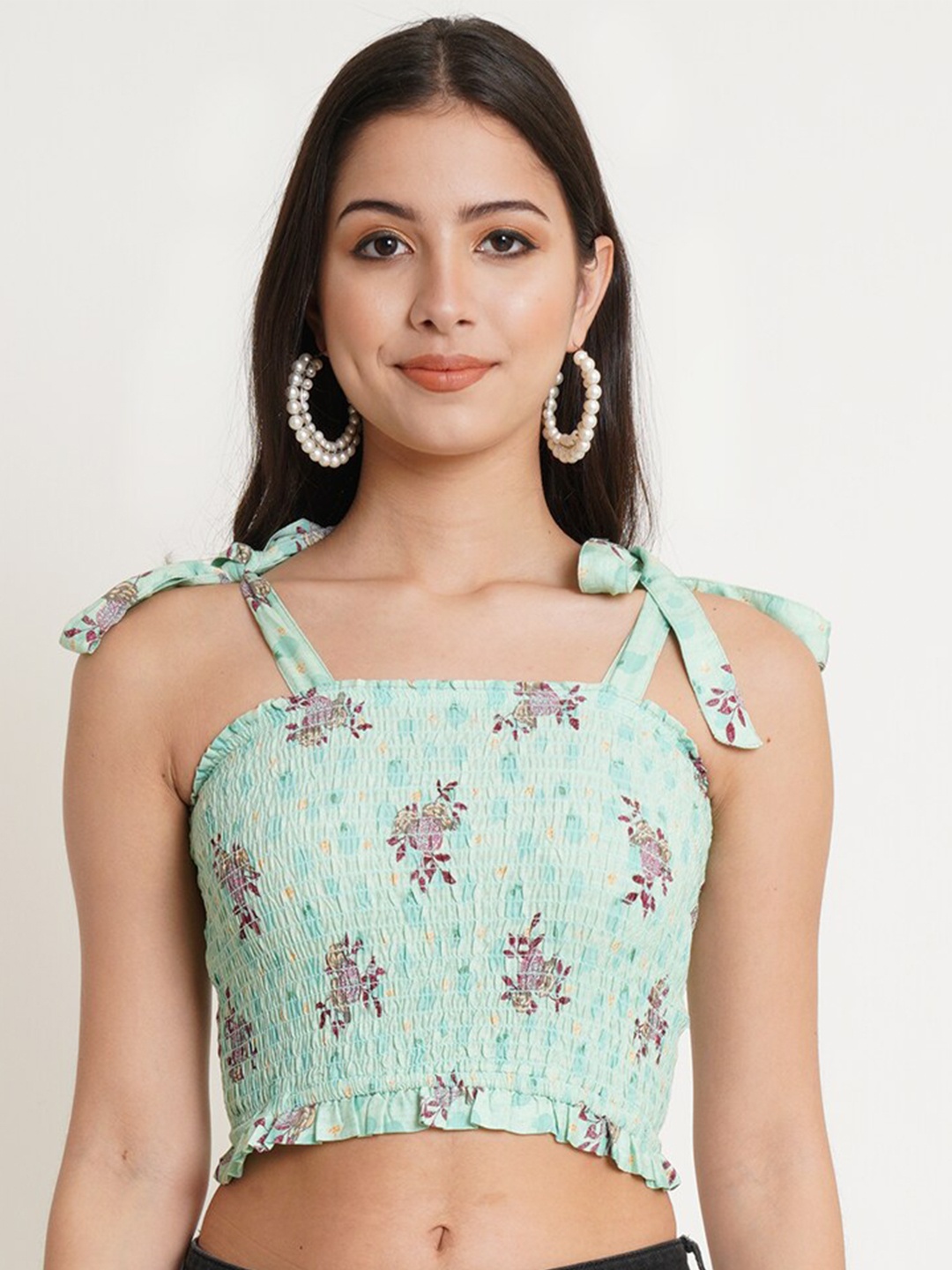

IX IMPRESSION Green Floral Printed Shoulder Strap Smocked Crop Top